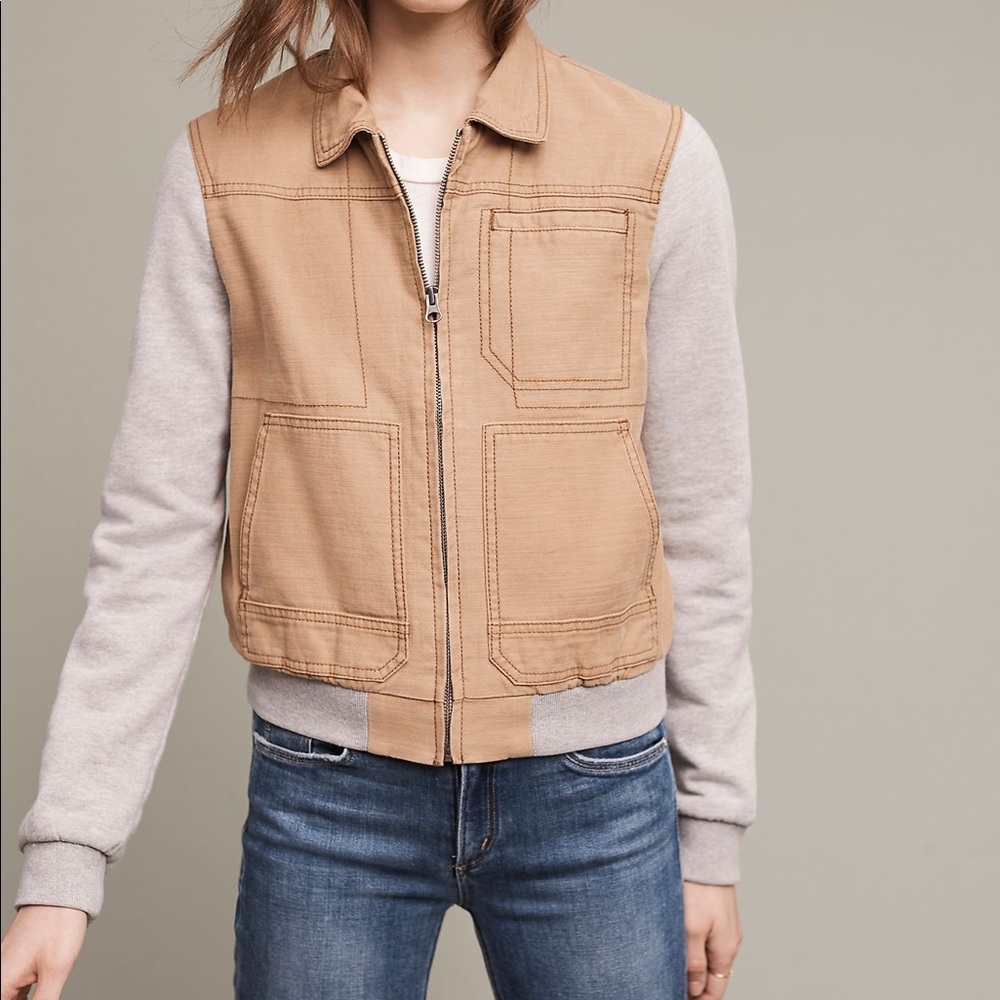 Like new Anthropologie Tan Canvas Bomber Jacket with Light Gray Sleeves